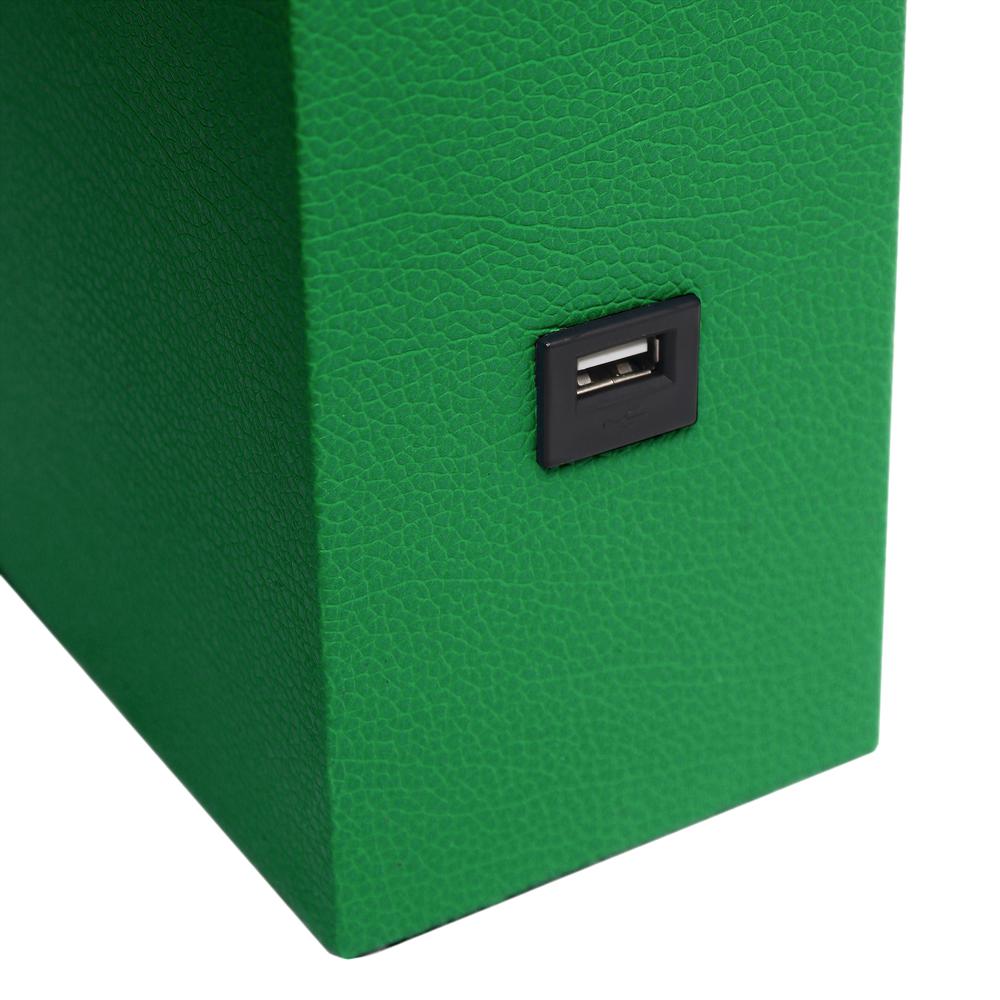 Modern Leather Table Lamp with USB and White Fabric Shade, Green. Picture 1