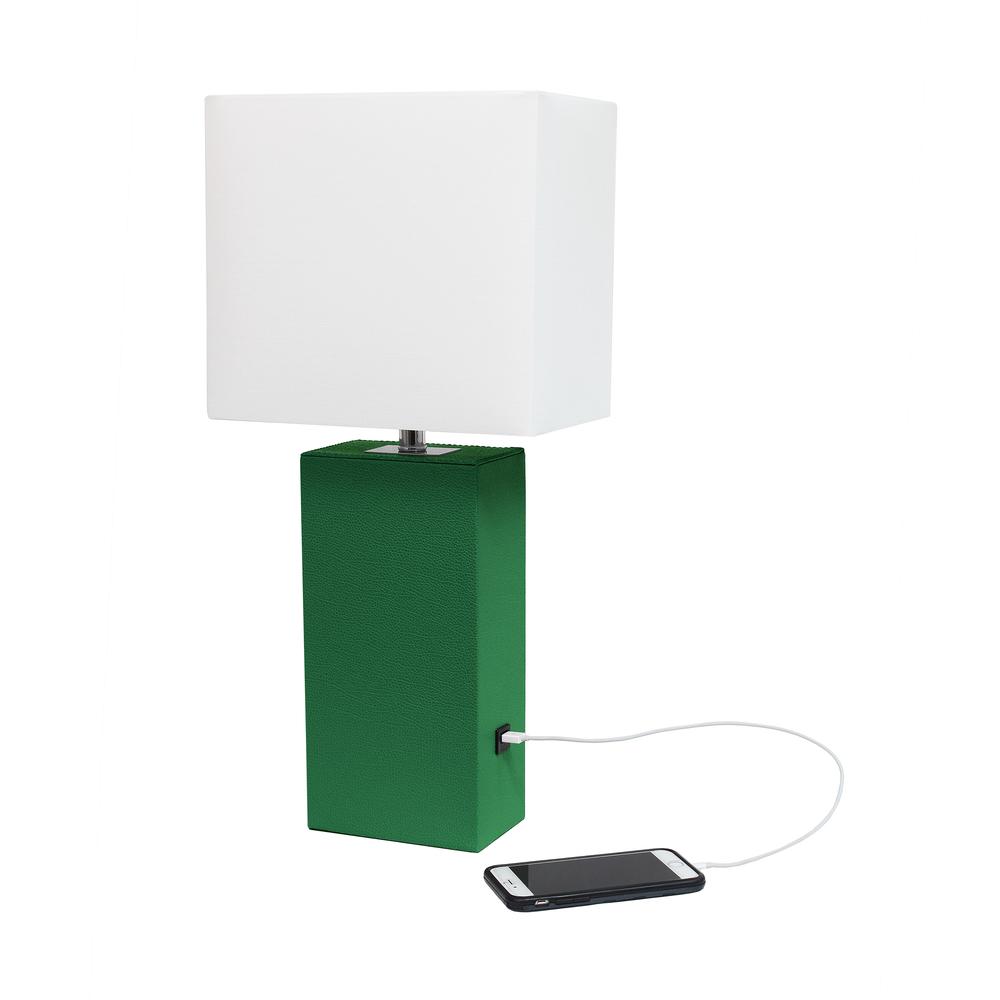Modern Leather Table Lamp with USB and White Fabric Shade, Green. Picture 2