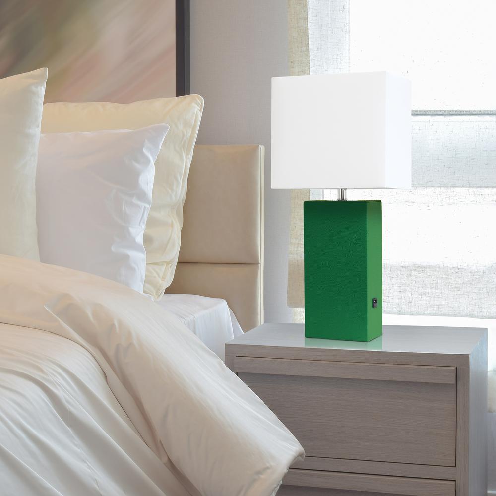 Modern Leather Table Lamp with USB and White Fabric Shade, Green. Picture 3