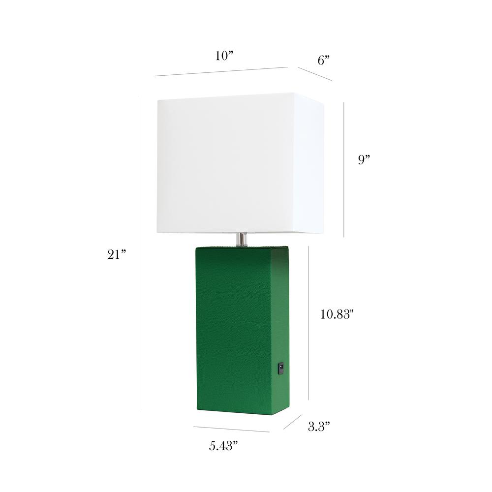 Modern Leather Table Lamp with USB and White Fabric Shade, Green. Picture 5