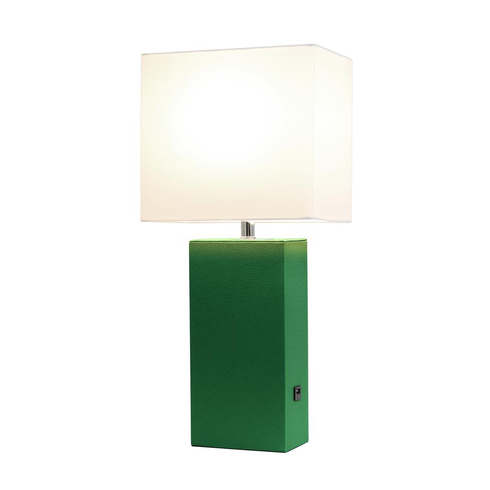 Modern Leather Table Lamp with USB and White Fabric Shade, Green. Picture 6