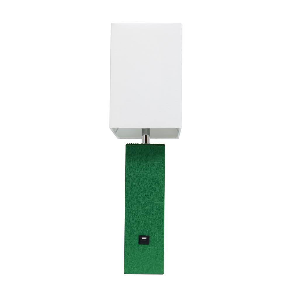 Modern Leather Table Lamp with USB and White Fabric Shade, Green. Picture 7