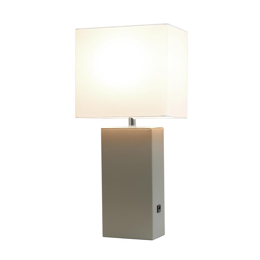 Modern Leather Table Lamp with USB and White Fabric Shade, Grey. Picture 5