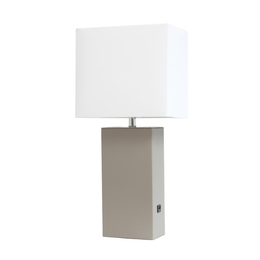 Modern Leather Table Lamp with USB and White Fabric Shade, Grey. Picture 6
