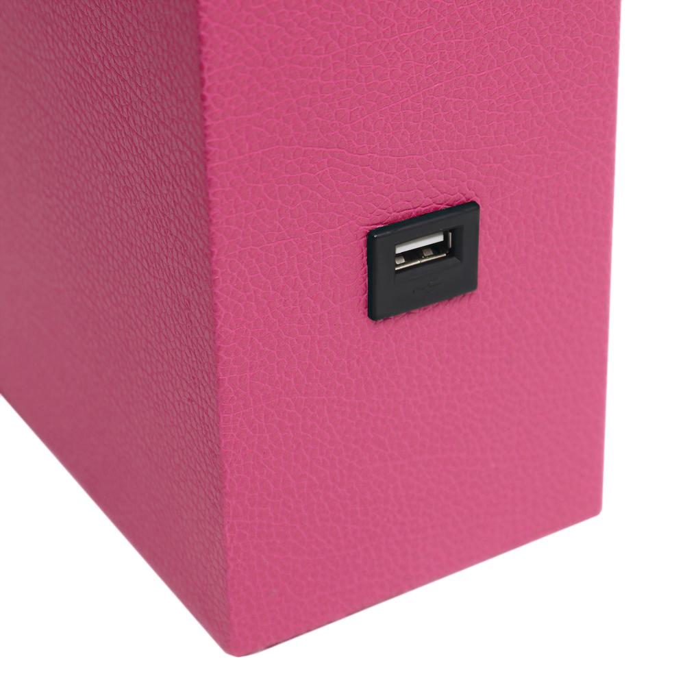 Modern Leather Table Lamp with USB and White Fabric Shade, Hot Pink. Picture 1