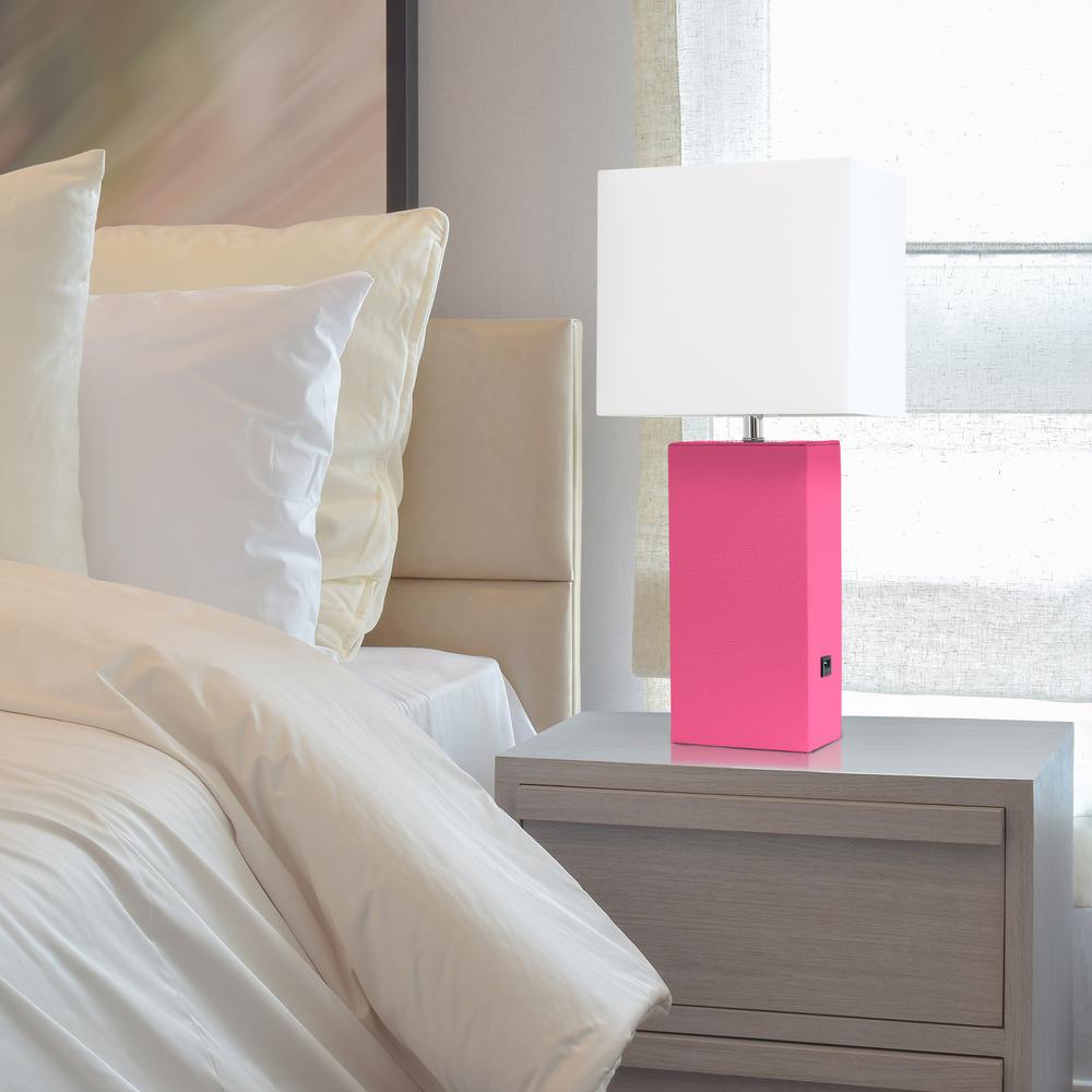 Modern Leather Table Lamp with USB and White Fabric Shade, Hot Pink. Picture 3