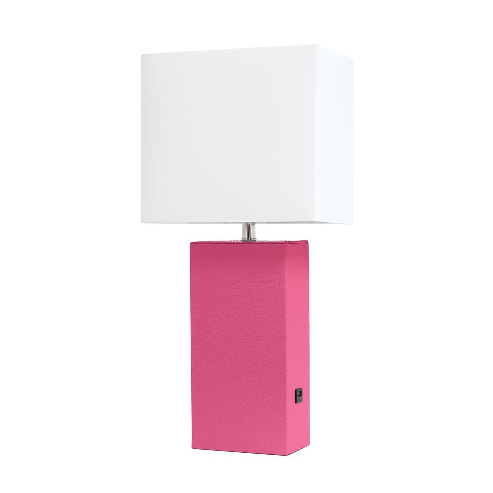 Modern Leather Table Lamp with USB and White Fabric Shade, Hot Pink. Picture 4