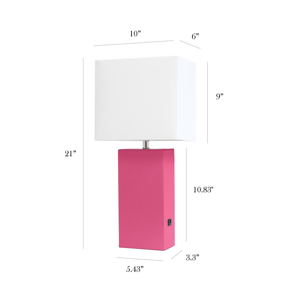 Modern Leather Table Lamp with USB and White Fabric Shade, Hot Pink. Picture 5