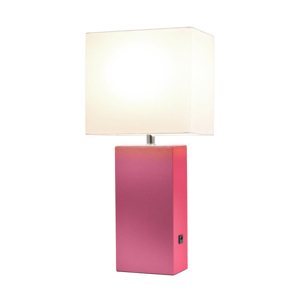 Modern Leather Table Lamp with USB and White Fabric Shade, Hot Pink. Picture 6