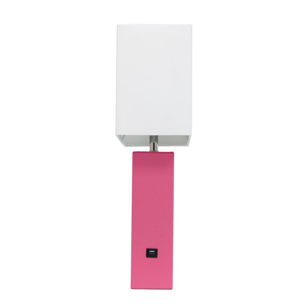 Modern Leather Table Lamp with USB and White Fabric Shade, Hot Pink. Picture 7