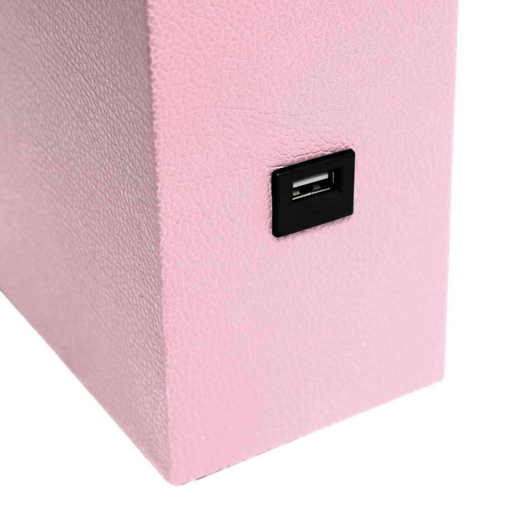 Modern Leather Table Lamp with USB and White Fabric Shade, Pink. Picture 1