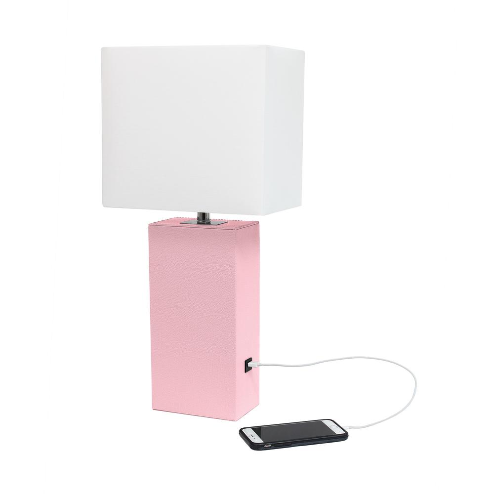 Modern Leather Table Lamp with USB and White Fabric Shade, Pink. Picture 2