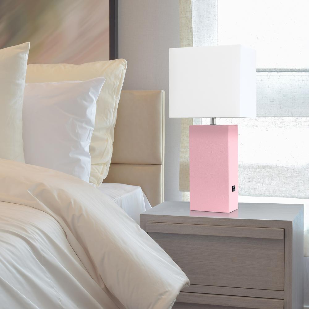 Modern Leather Table Lamp with USB and White Fabric Shade, Pink. Picture 3