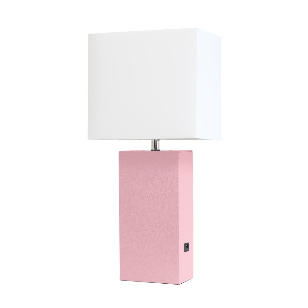 Modern Leather Table Lamp with USB and White Fabric Shade, Pink. Picture 4