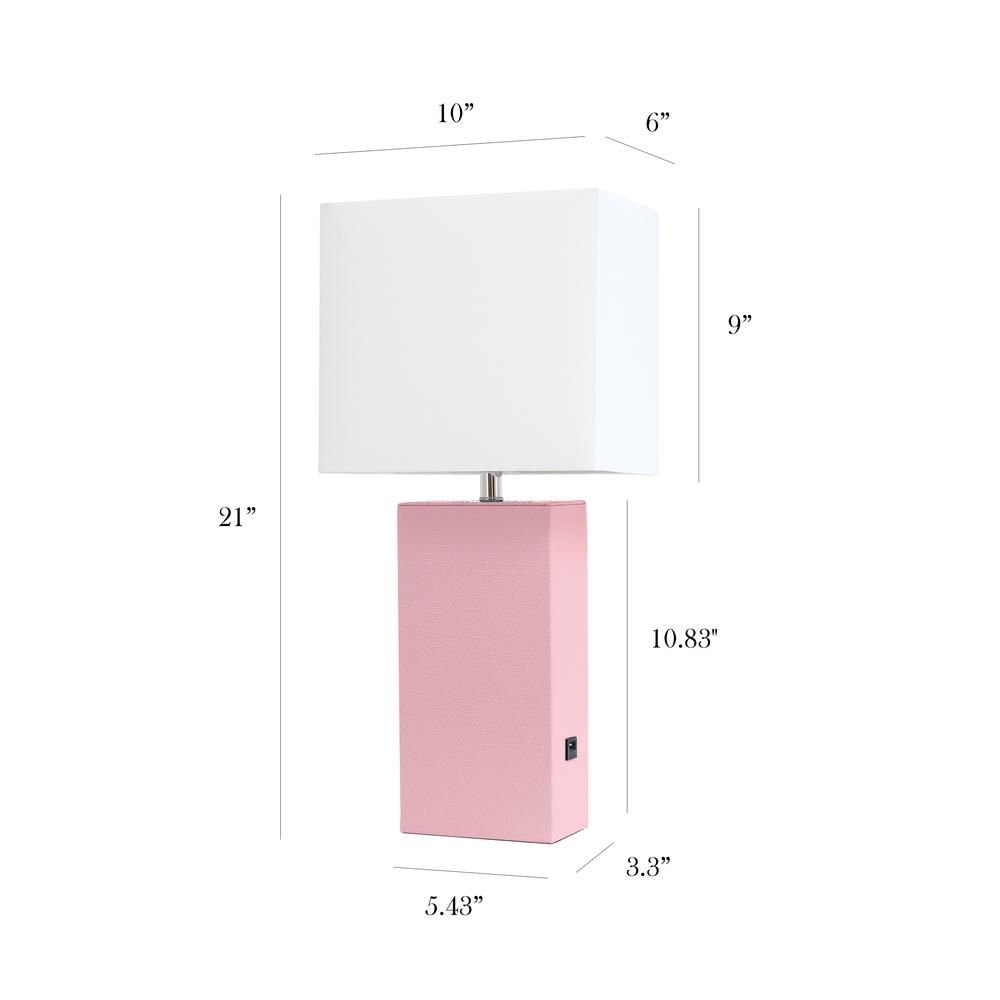 Modern Leather Table Lamp with USB and White Fabric Shade, Pink. Picture 5