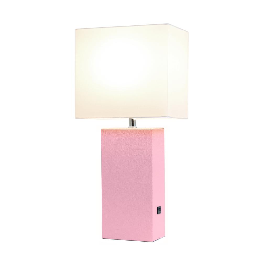 Modern Leather Table Lamp with USB and White Fabric Shade, Pink. Picture 6