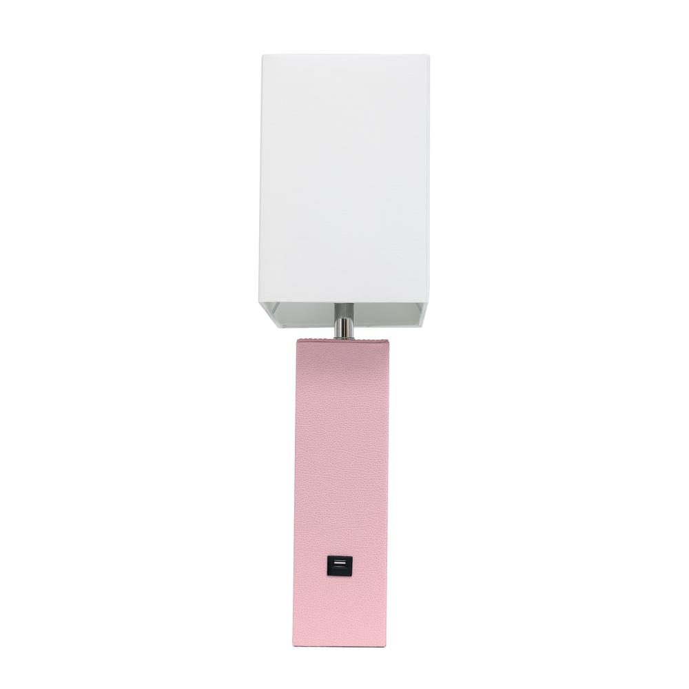 Modern Leather Table Lamp with USB and White Fabric Shade, Pink. Picture 7