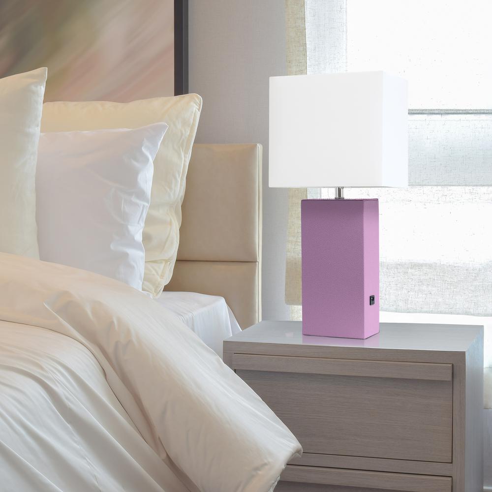 Modern Leather Table Lamp with USB and White Fabric Shade, Purple. Picture 2