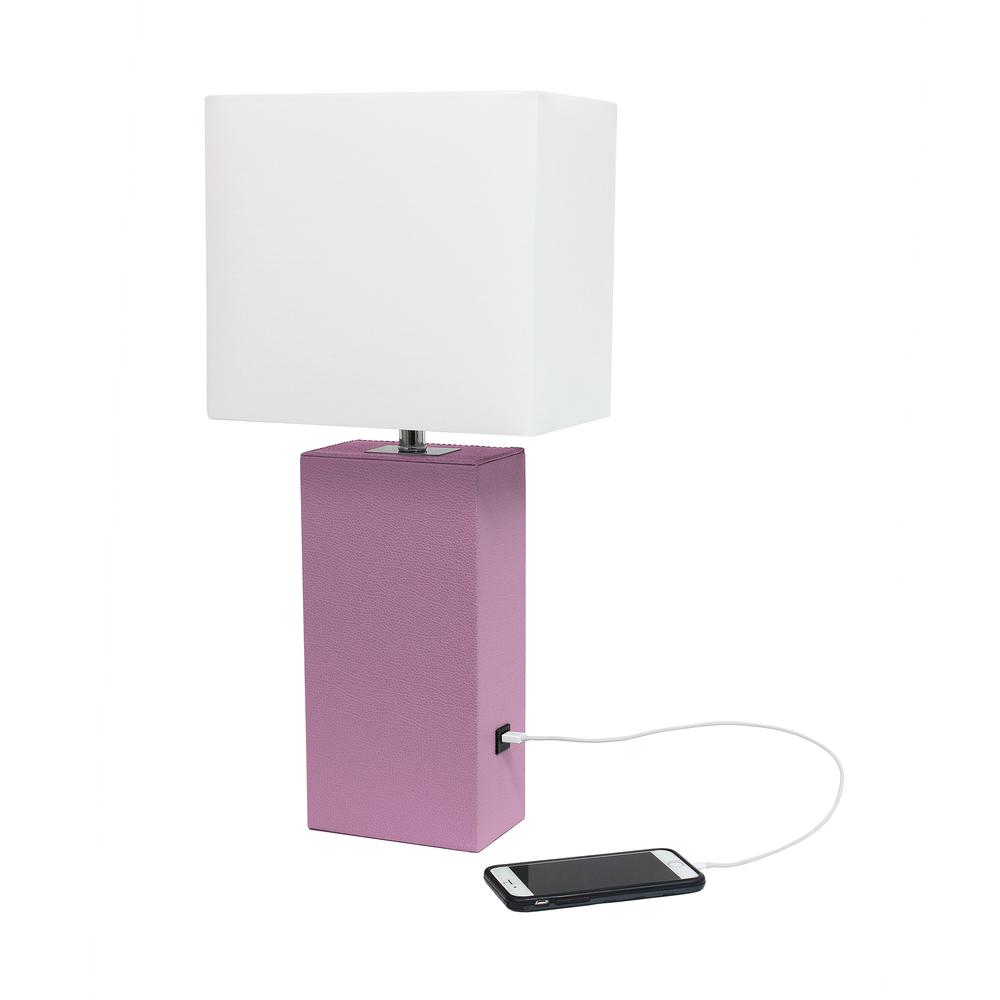 Modern Leather Table Lamp with USB and White Fabric Shade, Purple. Picture 3