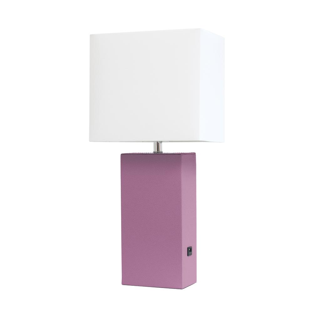 Modern Leather Table Lamp with USB and White Fabric Shade, Purple. Picture 4