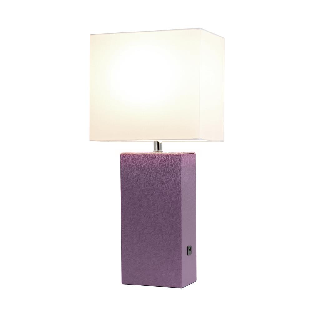 Modern Leather Table Lamp with USB and White Fabric Shade, Purple. Picture 6