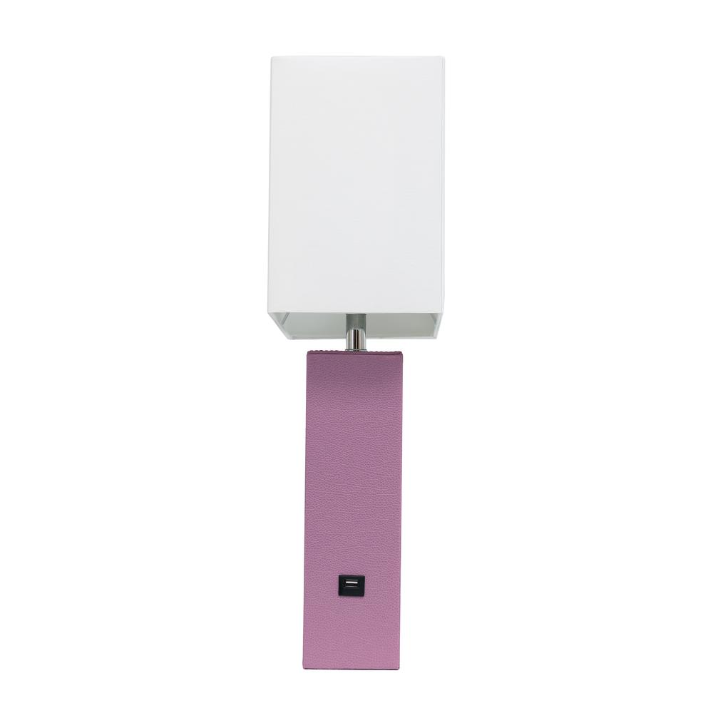 Modern Leather Table Lamp with USB and White Fabric Shade, Purple. Picture 7