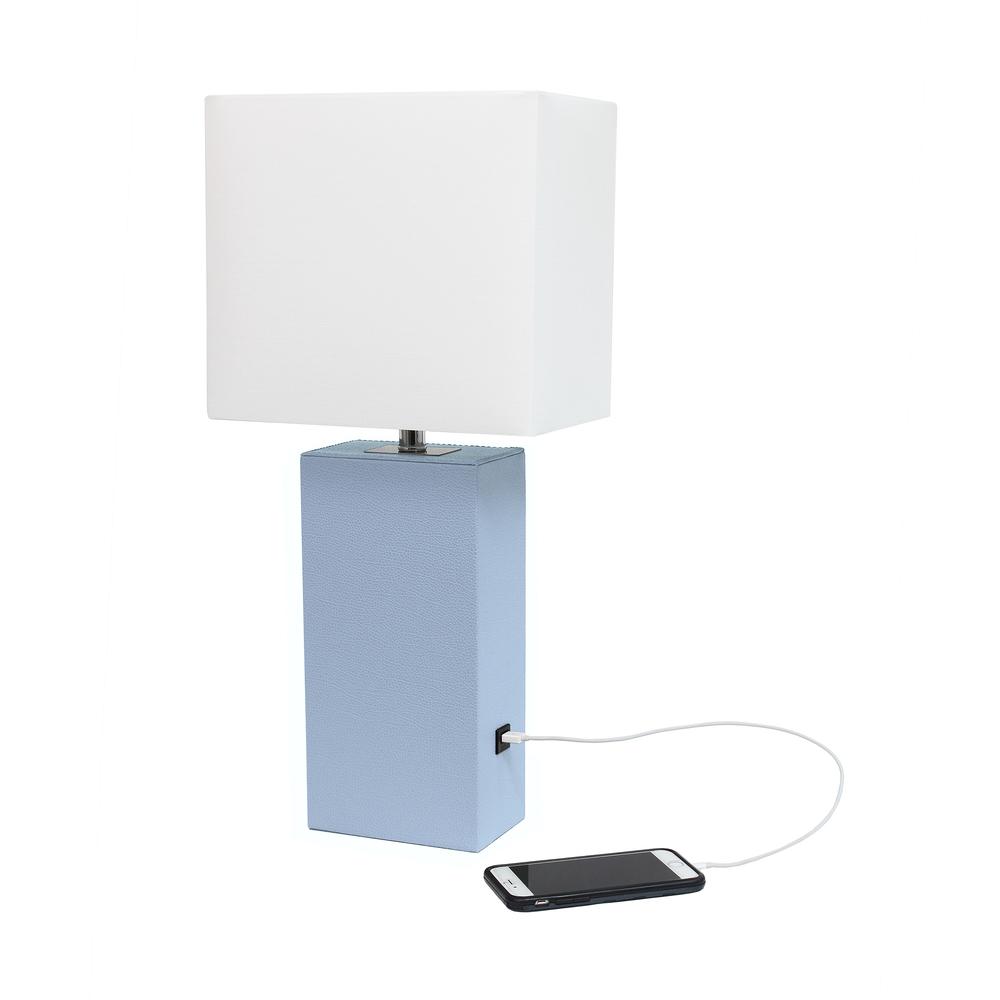 Modern Leather Table Lamp with USB and White Fabric Shade, Periwinkle. Picture 2