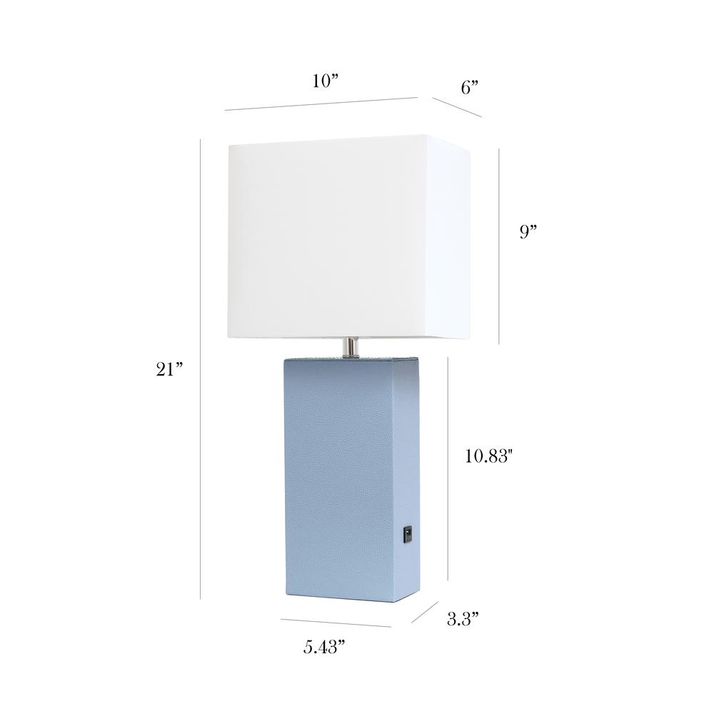 Modern Leather Table Lamp with USB and White Fabric Shade, Periwinkle. Picture 5