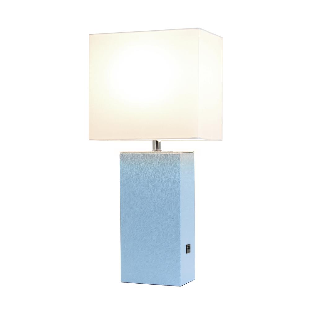 Modern Leather Table Lamp with USB and White Fabric Shade, Periwinkle. Picture 6