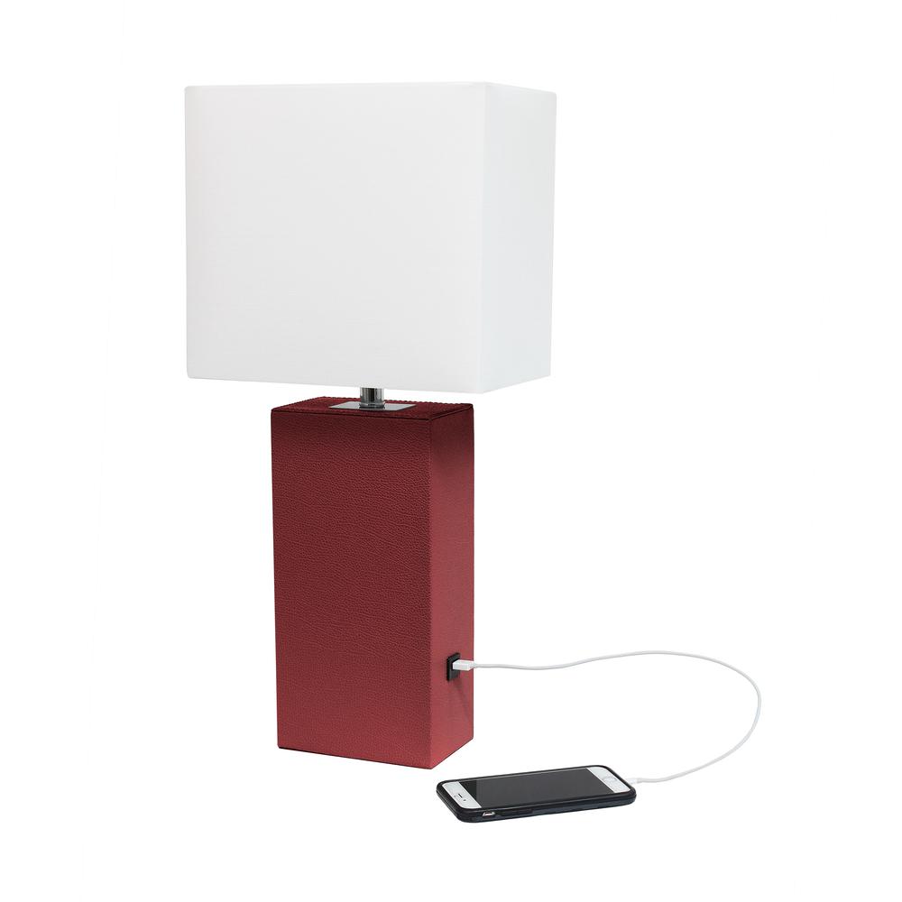 Modern Leather Table Lamp with USB and White Fabric Shade, Red. Picture 2