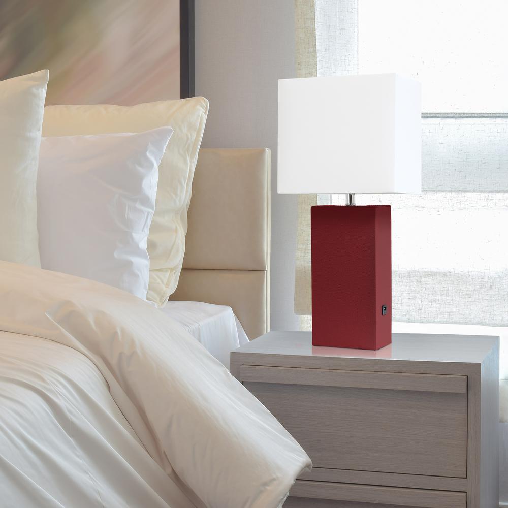Modern Leather Table Lamp with USB and White Fabric Shade, Red. Picture 3