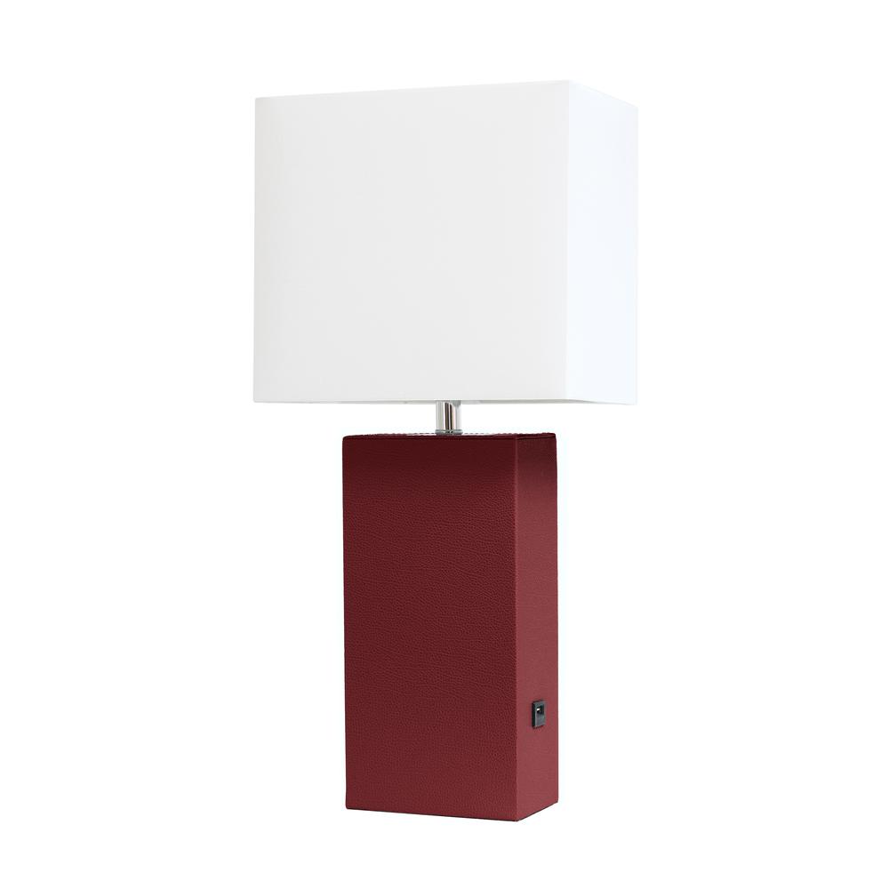 Modern Leather Table Lamp with USB and White Fabric Shade, Red. Picture 4