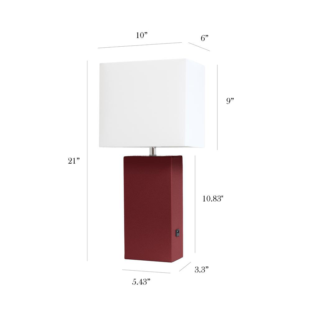 Modern Leather Table Lamp with USB and White Fabric Shade, Red. Picture 5