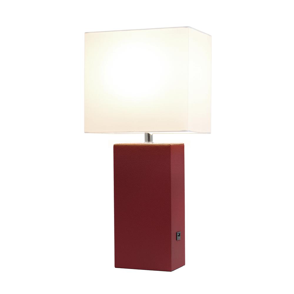 Modern Leather Table Lamp with USB and White Fabric Shade, Red. Picture 6