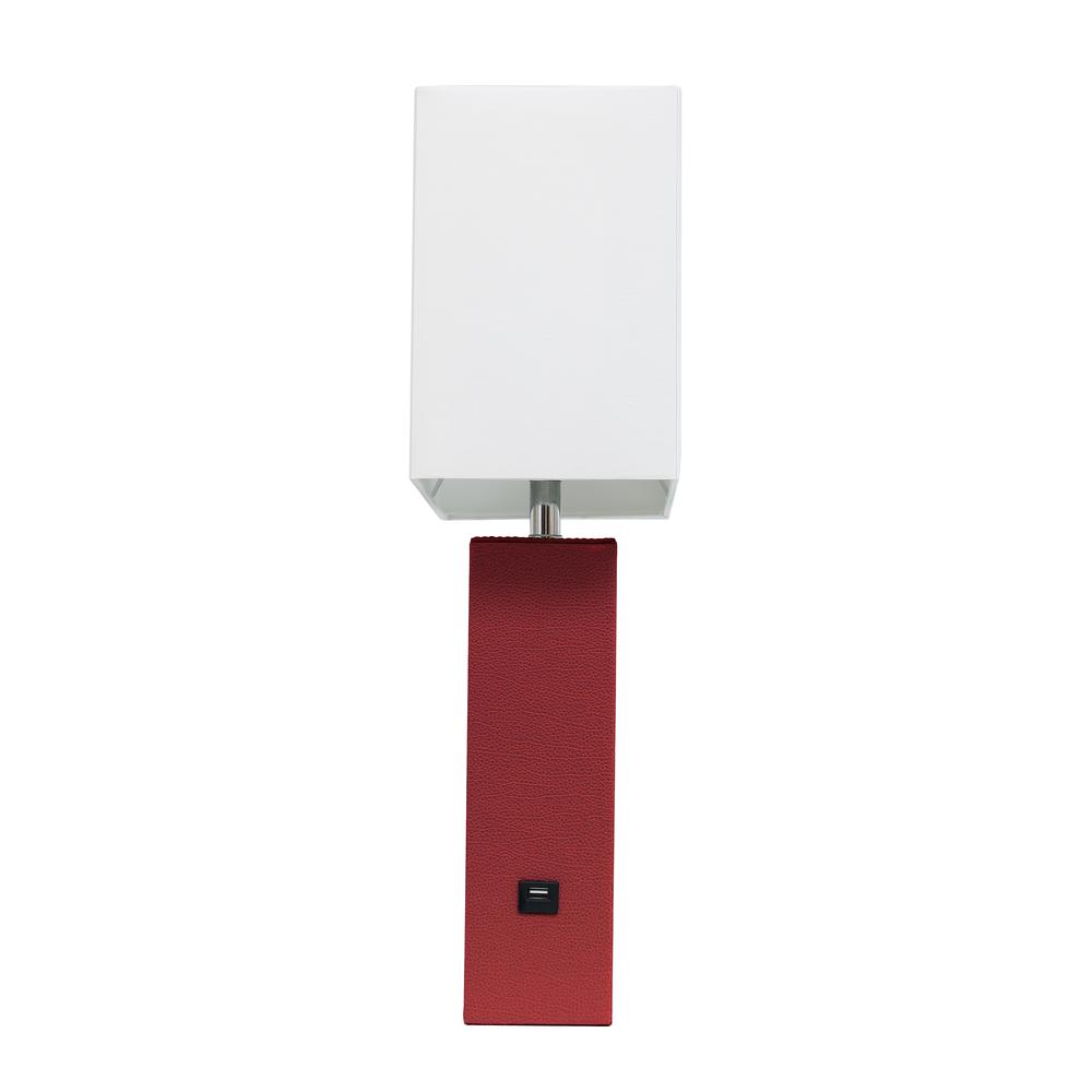 Modern Leather Table Lamp with USB and White Fabric Shade, Red. Picture 7