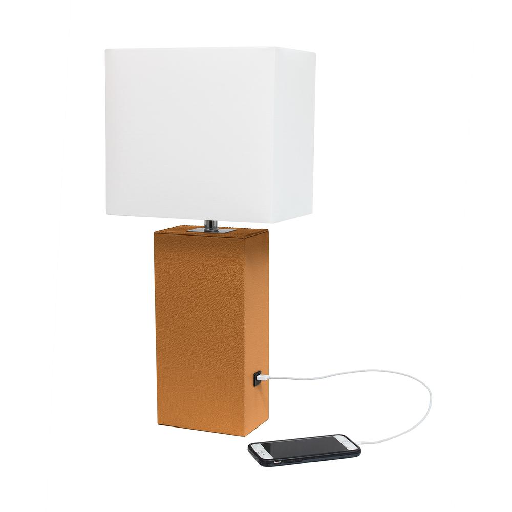 Modern Leather Table Lamp with USB and White Fabric Shade, Tan. Picture 2