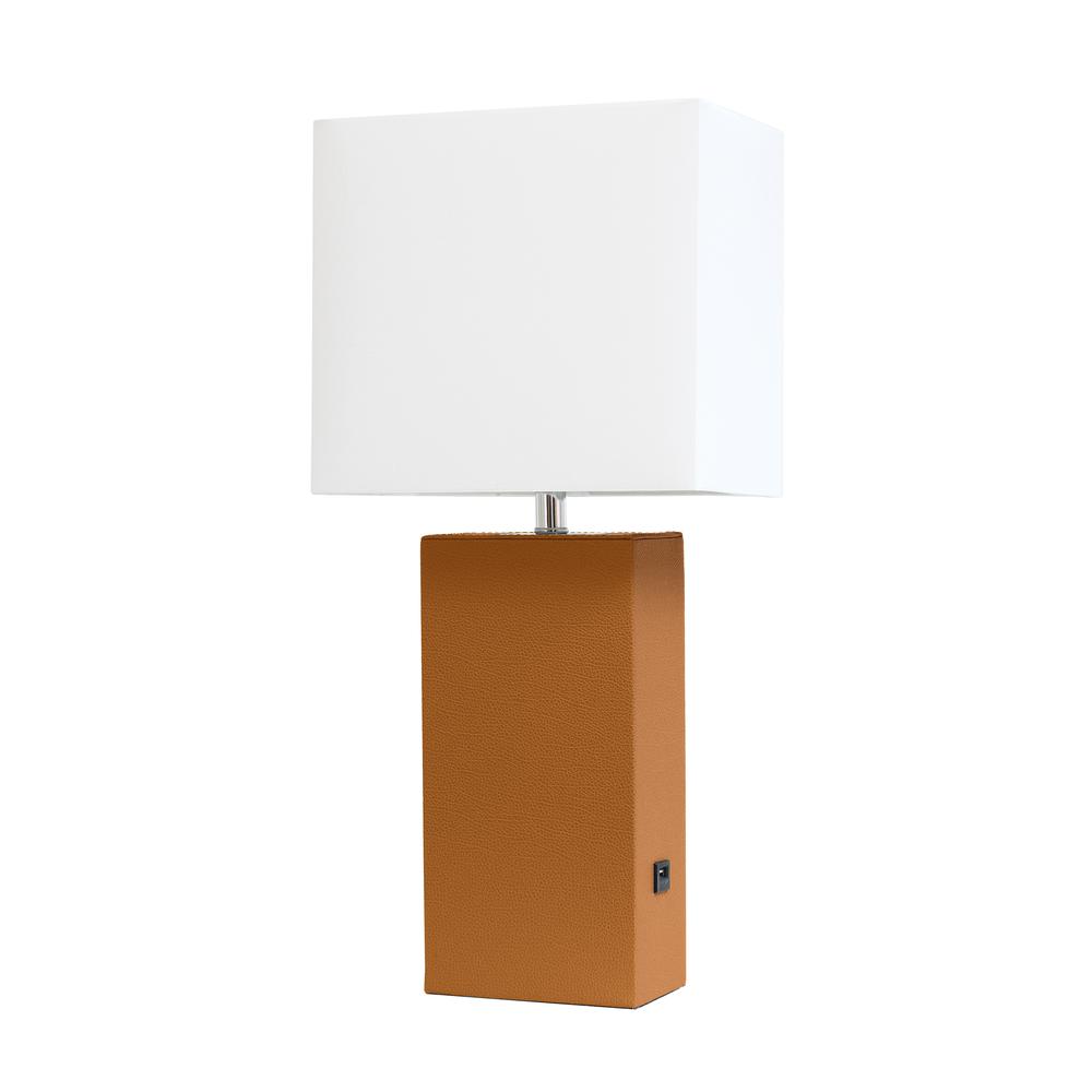 Modern Leather Table Lamp with USB and White Fabric Shade, Tan. Picture 4