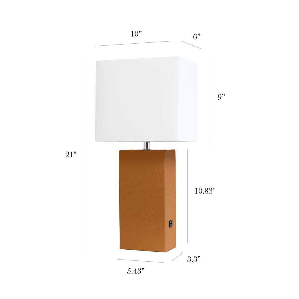 Modern Leather Table Lamp with USB and White Fabric Shade, Tan. Picture 5