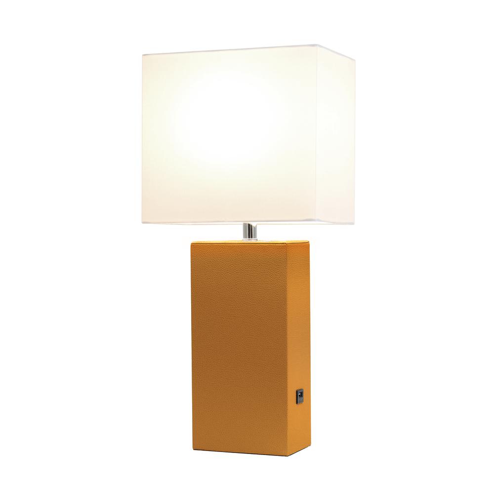 Modern Leather Table Lamp with USB and White Fabric Shade, Tan. Picture 6