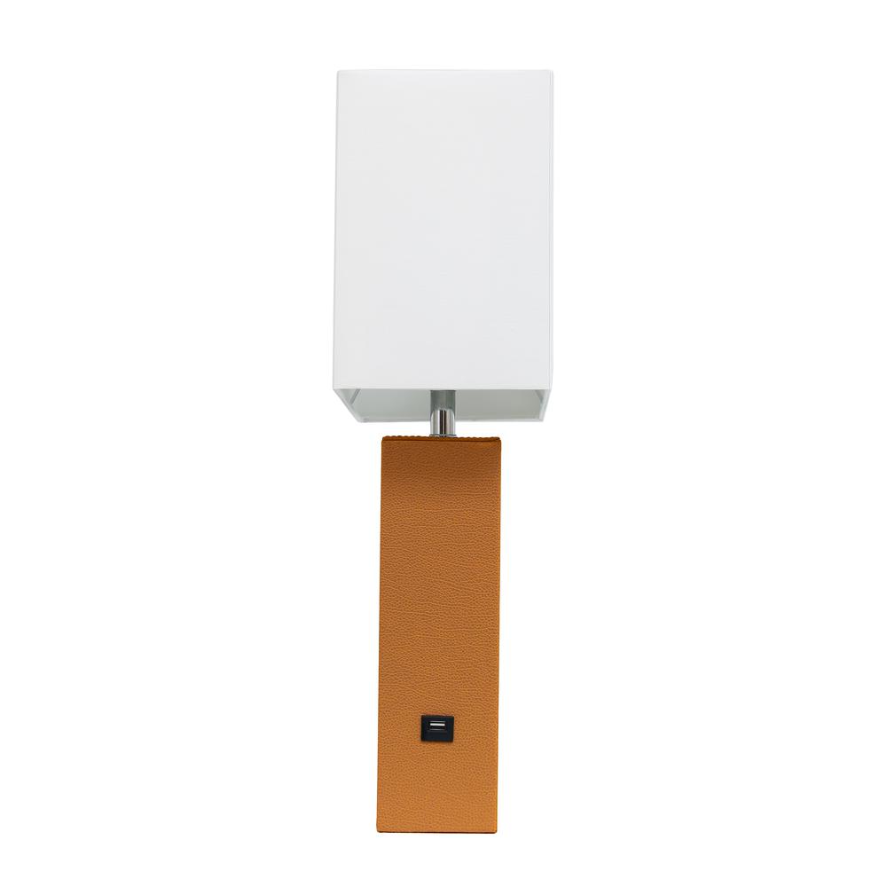 Modern Leather Table Lamp with USB and White Fabric Shade, Tan. Picture 7