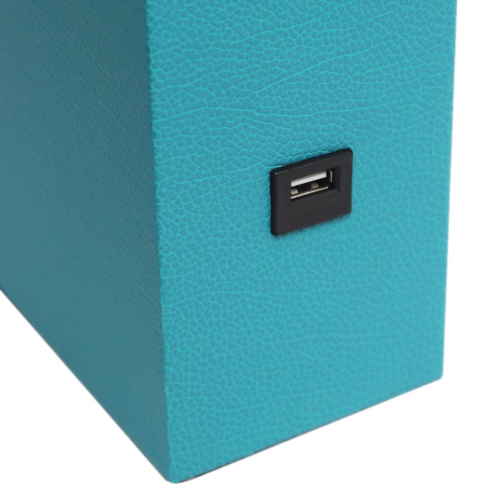 Modern Leather Table Lamp with USB and White Fabric Shade, Teal. Picture 1