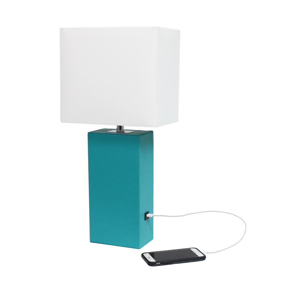 Modern Leather Table Lamp with USB and White Fabric Shade, Teal. Picture 2