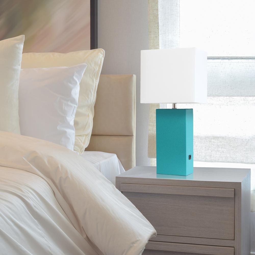 Modern Leather Table Lamp with USB and White Fabric Shade, Teal. Picture 3