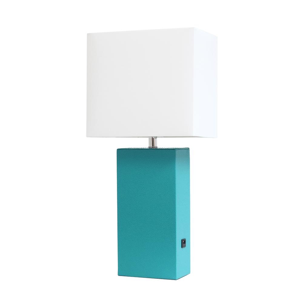 Modern Leather Table Lamp with USB and White Fabric Shade, Teal. Picture 4