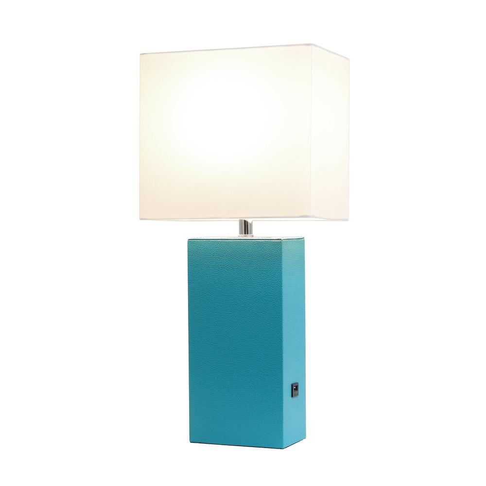 Modern Leather Table Lamp with USB and White Fabric Shade, Teal. Picture 5