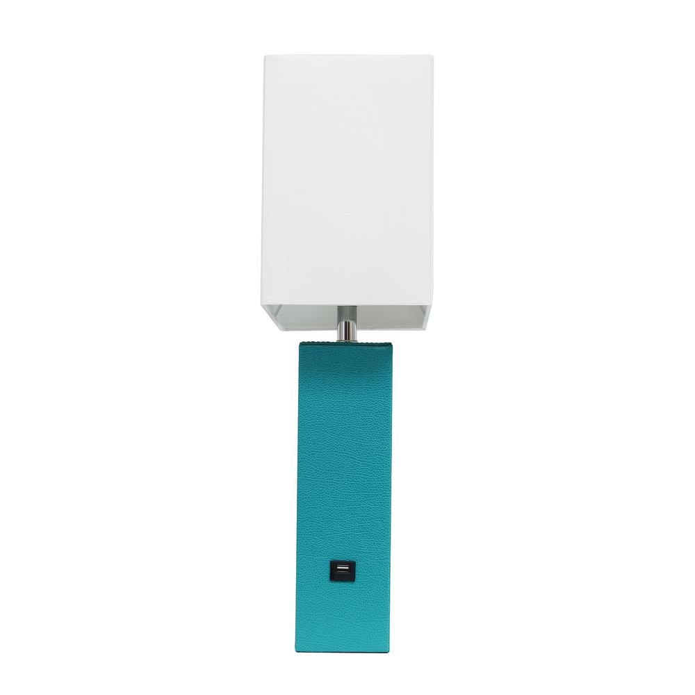 Modern Leather Table Lamp with USB and White Fabric Shade, Teal. Picture 6