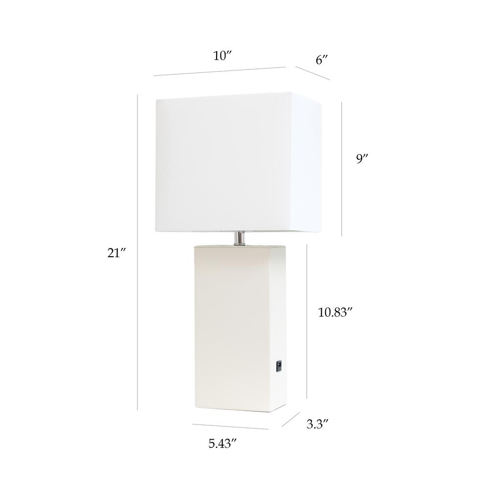 Modern Leather Table Lamp with USB and White Fabric Shade, White. Picture 3