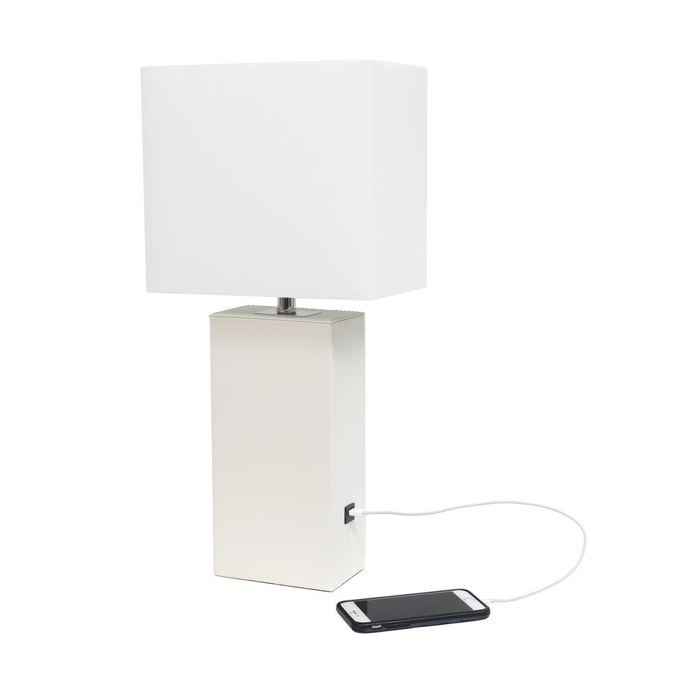 Modern Leather Table Lamp with USB and White Fabric Shade, White. Picture 4
