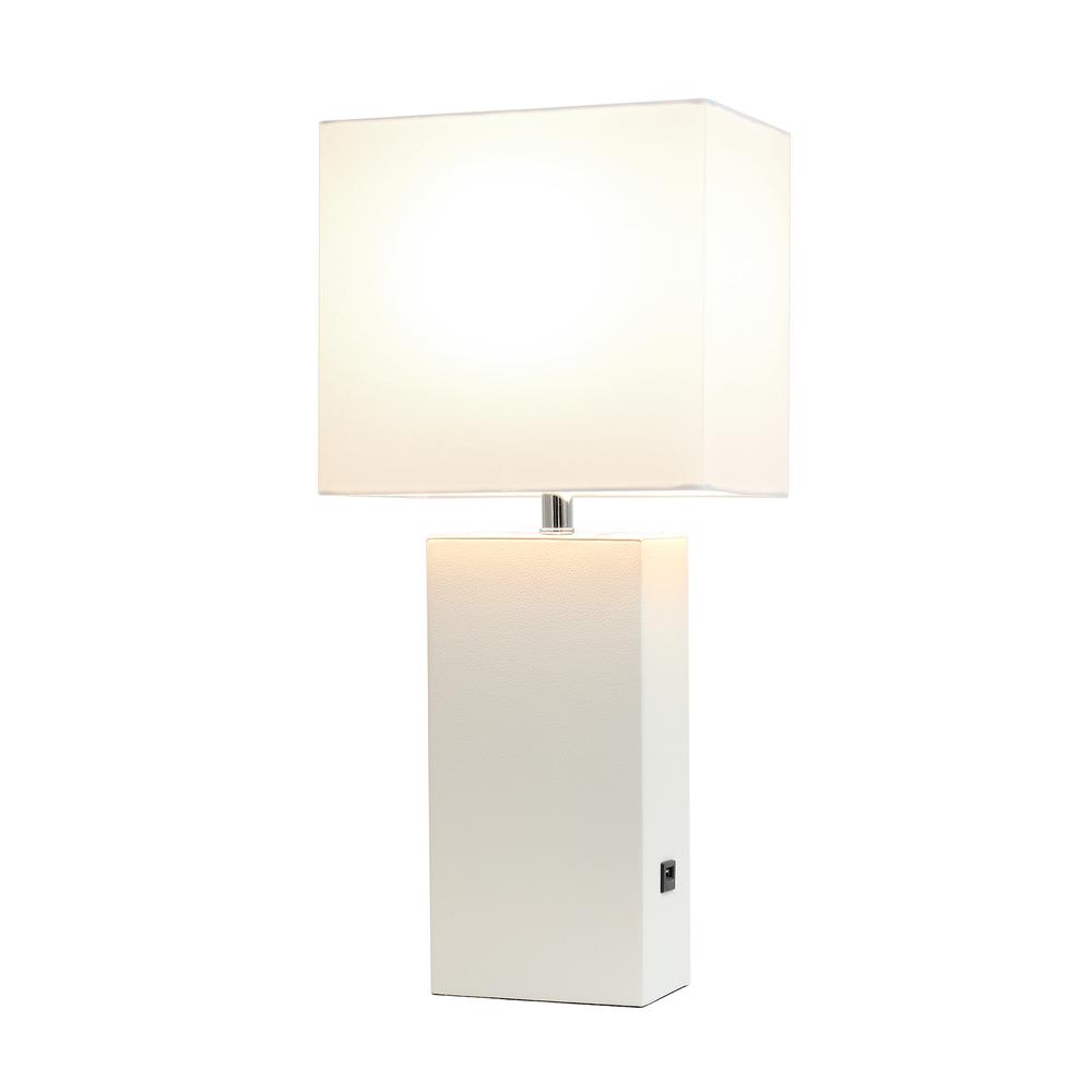 Modern Leather Table Lamp with USB and White Fabric Shade, White. Picture 6