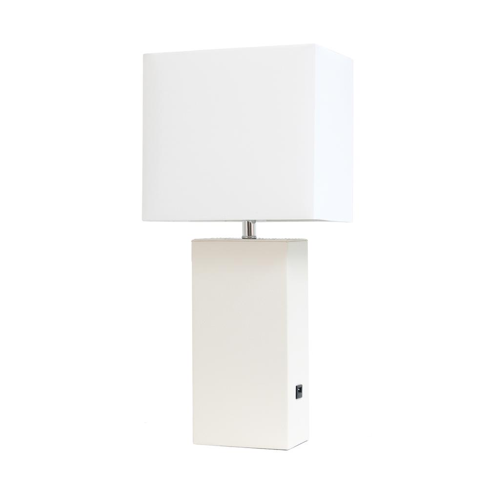 Modern Leather Table Lamp with USB and White Fabric Shade, White. Picture 7